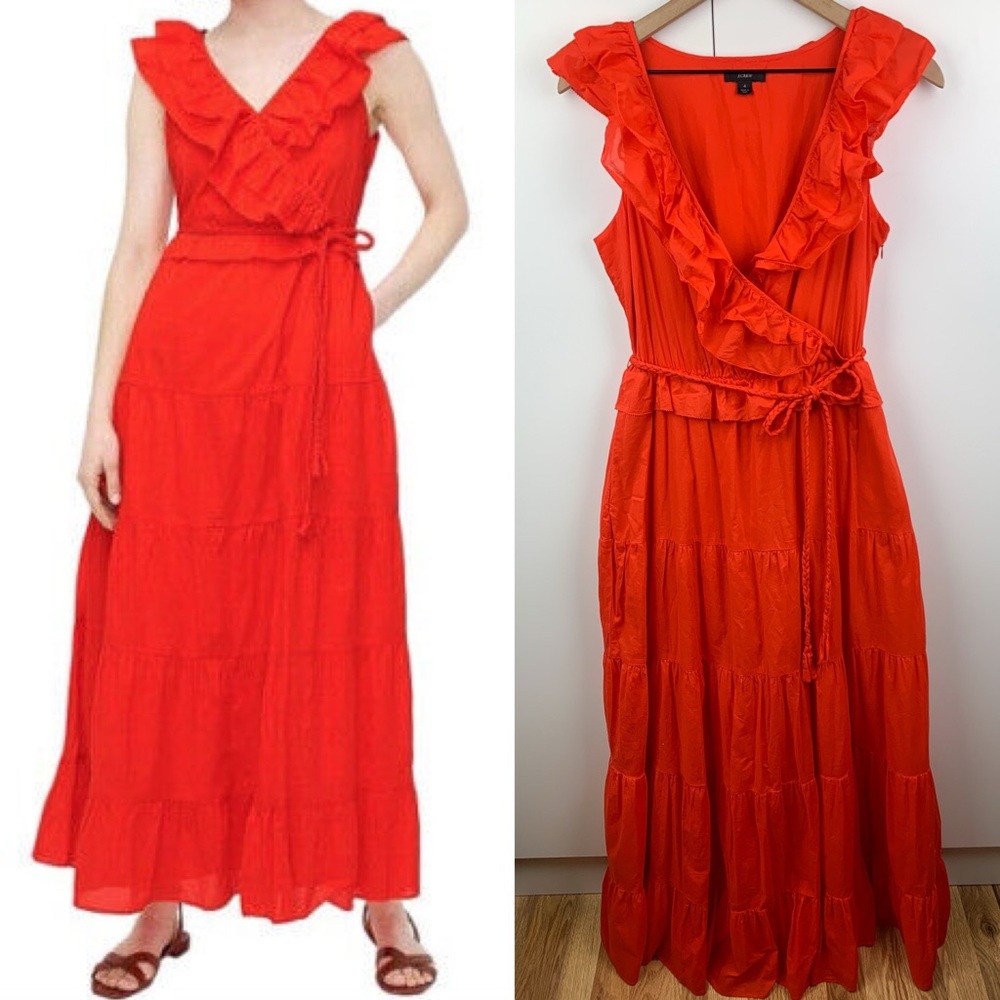 J. Crew Ruffle Front Maxi Dress Braided Belt Red Orange Cotton Tiered Size 4